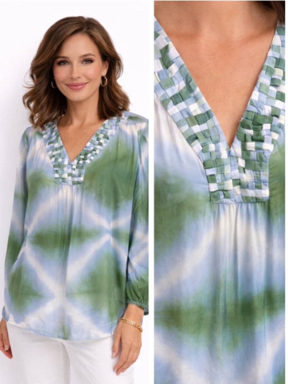 La Petite Francaise Barbara Tie Dye Tunic Braided V Neck Green Size Large